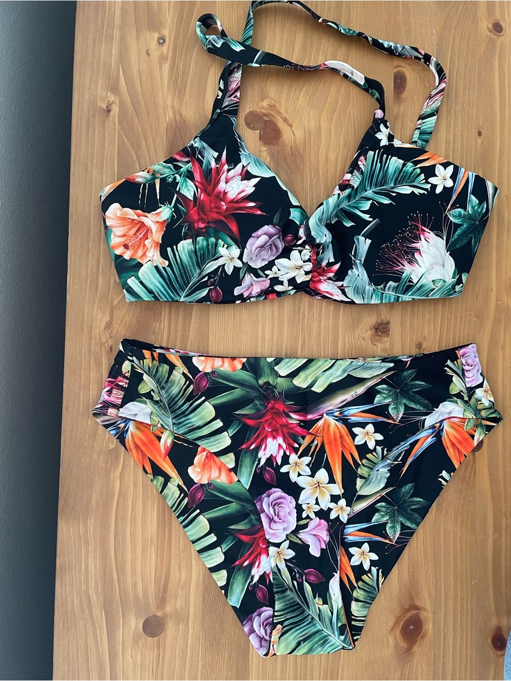 Tropical Floral High-Waist Bikini Set in Black Multi